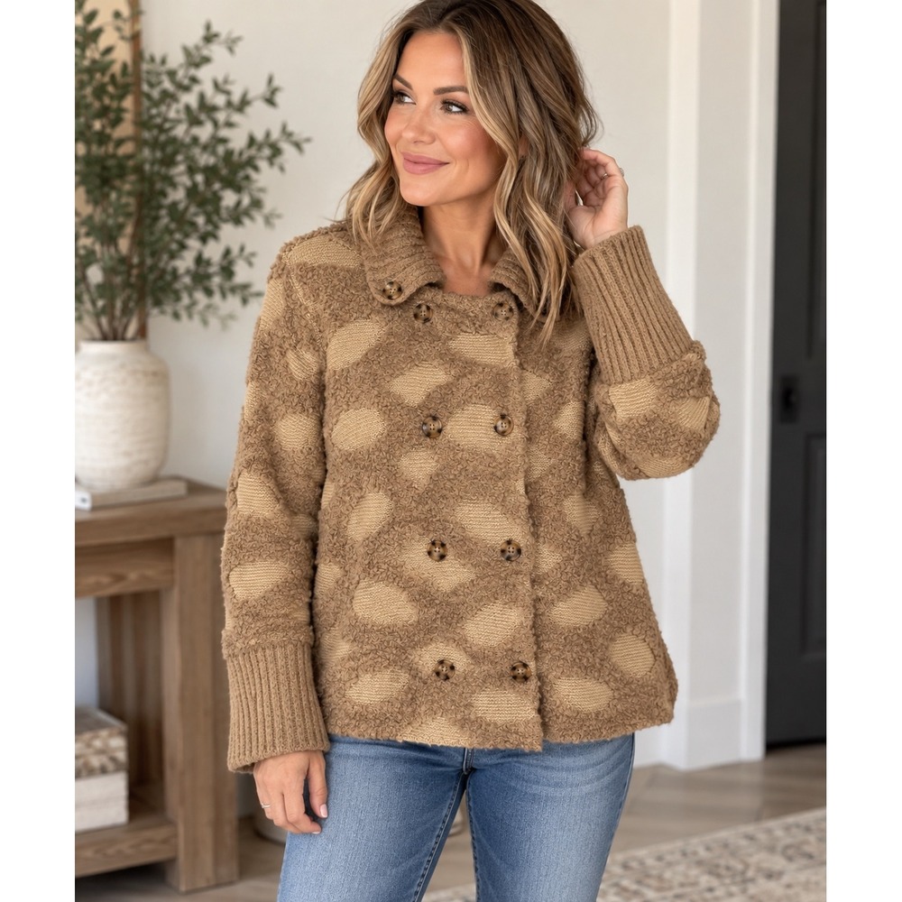 Anthropologie Rosie Neira Intarsia Spotted Wool Blend Cardigan Size S Tan